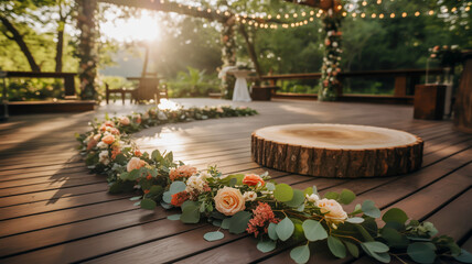 Romantic outdoor wedding ceremony setup with floral aisle and wooden altar