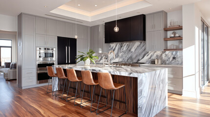 Modern kitchen interior with sleek island and minimalist cabinetry — perfect for editorial design, real estate visuals, and home inspiration content.