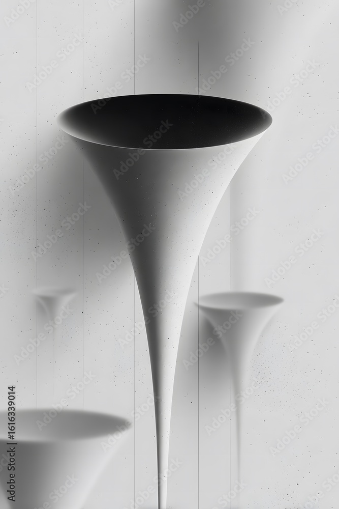 Poster abstract minimalist design featuring elegant white cones with black interiors, creating a striking v