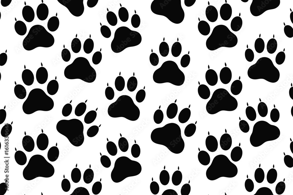 Poster seamless pattern of black paw prints on white background creating a repeating animal track design lo