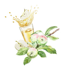 Apple juice in glass goblet with splashes and twig with ripe fruits and green leaves watercolor illustration isolated. Hand drawn bright botanical clip art for creating juice labels or menu design.
