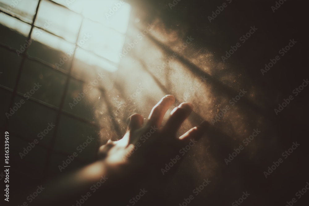 Poster light filters through a mesh, illuminating a hand reaching toward the warmth in a secluded space