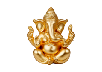 Golden ganesha sculpture with decorative details on transparent background, PNG