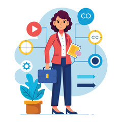 Female CEO confidently holding strategic roadmap, business leadership concept, corporate planning, executive vision, professional woman, business strategy illustration, success and growth vector.