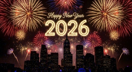 Obraz premium Fireworks display over a city skyline on new year's eve 2026.