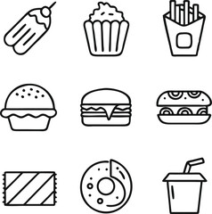 Assortment of Black and White Fast Food Icons Representing Different Kinds of Popular Unhealthy Food Choices