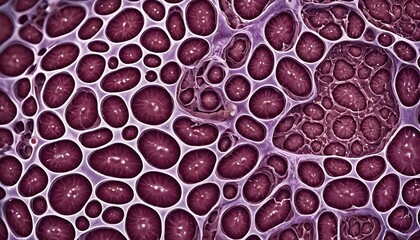 Microscopic Muscle Tissue Cross-Section in Scientific Illustration Style in Purple and Burgundy Tones Representing Biological Structure Analysis