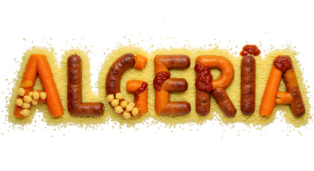 Artistic Culinary Display ALGERIA Word Formed with Authentic Couscous, Savory Merguez, Chickpeas, and Carrots, Celebrating North African Flavors on a Clean White Backdrop.