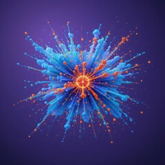 Colorful explosion with blue and orange particles on a purple background
