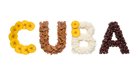 Cuban Cuisine Typography Ropa Vieja, Plantain, Rice, & Coffee Bean Composition