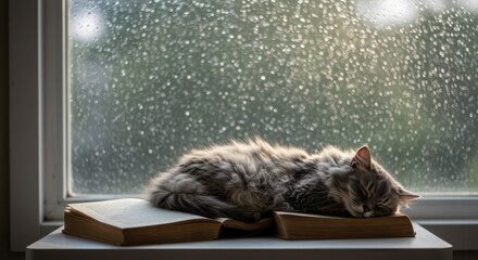 Fluffy cat sleeping on a windowsill with a rainy window background