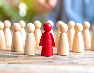 A single red wooden figure amongst a group of white figures