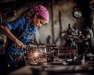 Female blacksmith welding sparks in a workshop setting