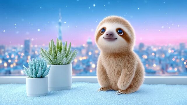 Cute cartoon sloth sitting in a cozy room with potted plants, looking happily into the distance against a vibrant city skyline at twilight, adorable character design