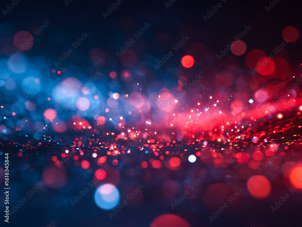 Poster abstract bokeh lights with vibrant red and blue hues creating a dynamic, glowing effect