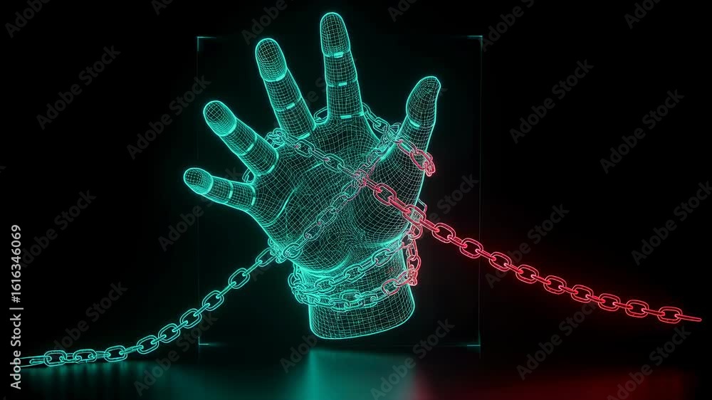 Poster wireframe hand in chains. digital mesh representation of imprisoned hand with neon lights. addiction
