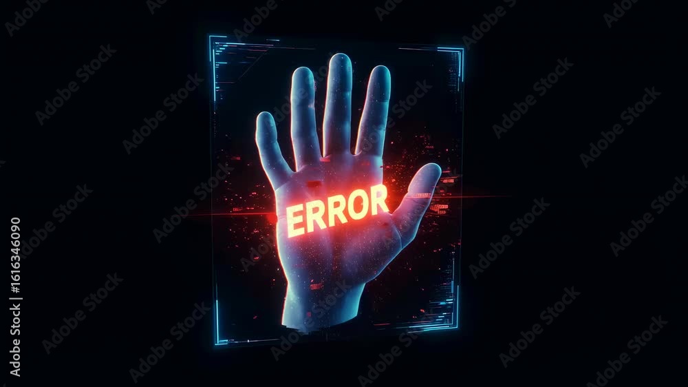 Poster digital hand showing error message on screen. human palm stop sign gesture. futuristic technological