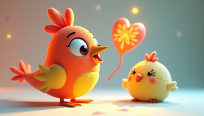 Cheerful Cartoon Birds with Heart Balloon in a Playful Scene