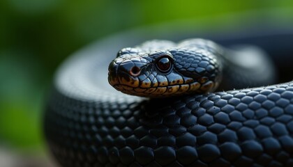 Obraz premium Close-up of a Black Snake with Glossy Scales in Nature