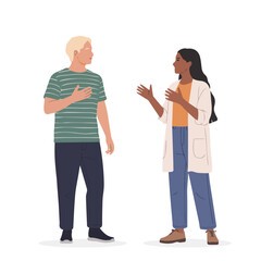 Illustration of a man and a woman standing and talking with hand gestures in a casual setting indoors