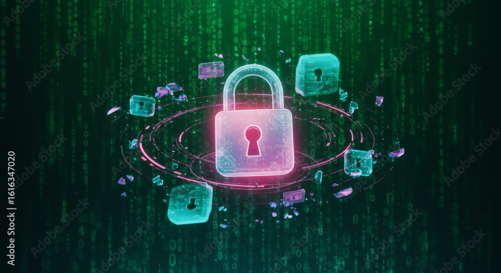 Poster advanced cybersecurity and information encryption technology concept. a luminous padlock symbolizes 