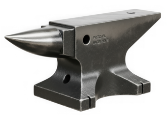 A heavy steel anvil is isolated on transparent background, ready for forging