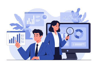 Naklejka premium Flat illustration of business professionals analyzing data and charts on computer screens during a meeting