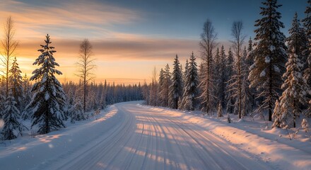 Obraz premium Snowy winter landscape at sunrise with a winding road through the trees.