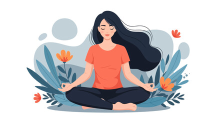 Flat illustration of a woman meditates peacefully in a lotus pose surrounded by lush plants and flowers
