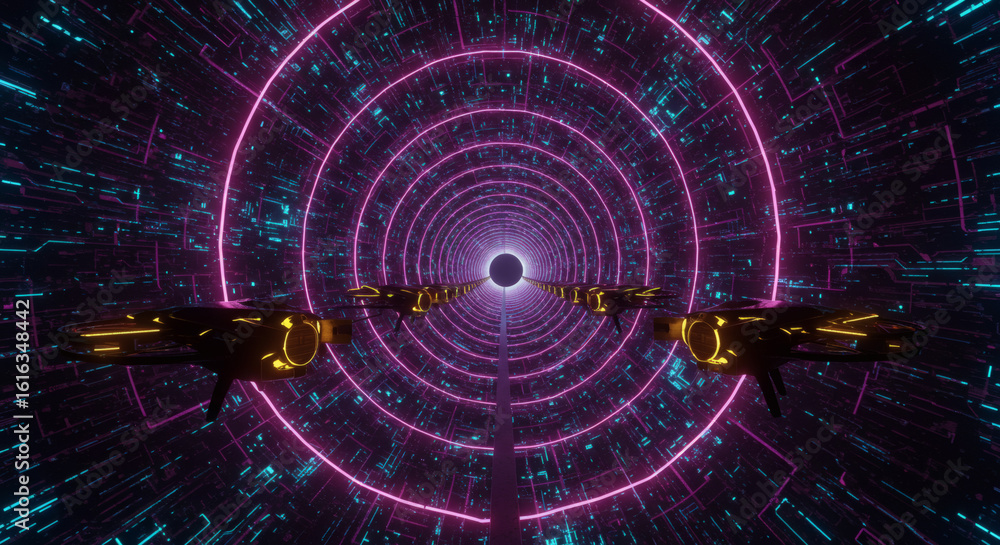 Poster fleet of futuristic spaceships navigating a glowing pink and blue digital wormhole in cyberspace, a 