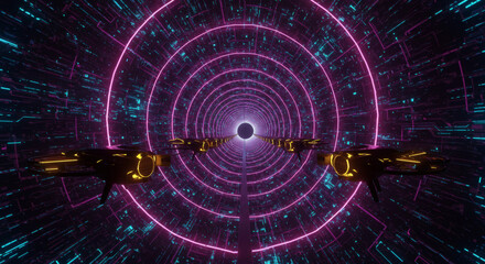 Obraz premium Fleet of futuristic spaceships navigating a glowing pink and blue digital wormhole in cyberspace, a conceptual journey into the unknown.