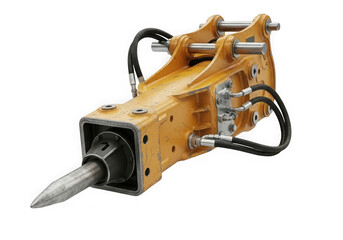 A yellow hydraulic breaker is isolated on transparent background, ready for demolition