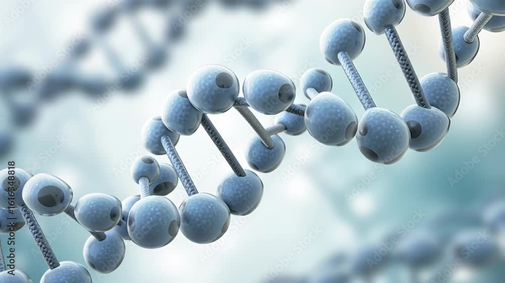 Poster close-up view of a dna double helix structure showcasing blue molecular spheres connected by strands