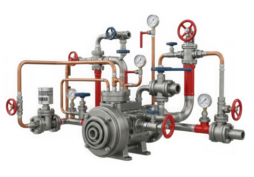 Complex industrial pump system with pipes and gauges isolated on transparent background