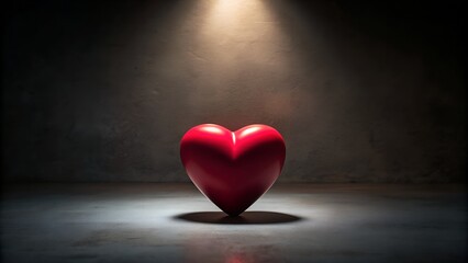 Fototapeta premium A single red heart is illuminated by a spotlight against a dark background, symbolizing love and passion