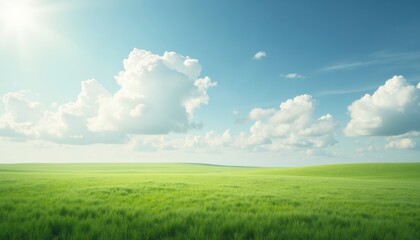 Obraz premium Expansive Green Field Under Bright Blue Sky with Fluffy Clouds