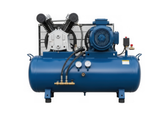 A blue air compressor with gauges isolated on transparent background