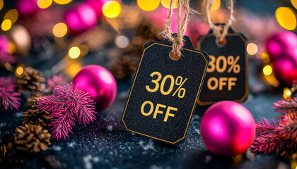 Festive holiday sale with 30% discount on Christmas decorations and ornaments