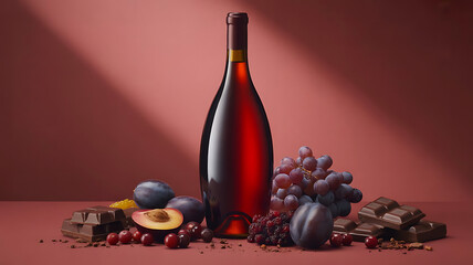 red wine bottle against a solid burgundy red background, Drinking concept, party and celebration banner with red wine, created with generative ai