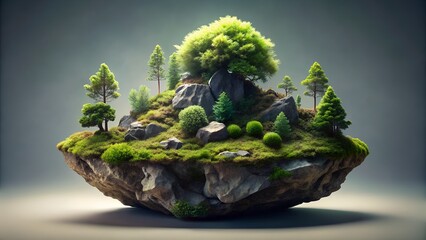 A floating island with lush greenery and trees creates a surreal and captivating natural landscape