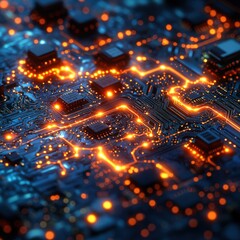 A mesmerizing close-up of a glowing computer processor on a circuit board, illuminated by orange lights, showcases advanced technology and dense electronic complexity
