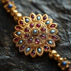 A vivid macro of ornate, traditional jewelry with gold filigree, ruby-red stones, and blue pearls, highlighting exquisite craftsmanship and colorful, decorative patterns