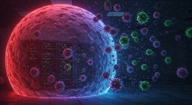Futuristic cybersecurity concept showing a glowing shield protecting a data center from digital virus and malware attacks.