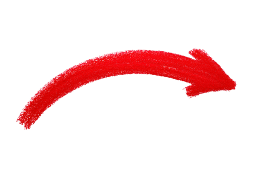 Bright red curved arrow indicating direction and movement on transparent background, PNG