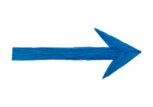 Textured blue crayon-drawing of right arrow on transparent background, PNG