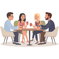 Four people sitting at a table raising their drinks in a toast at an outdoor cafe or restaurant scene
