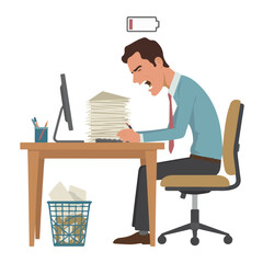 Exhausted office worker yelling at a large stack of papers with a low battery icon above his head