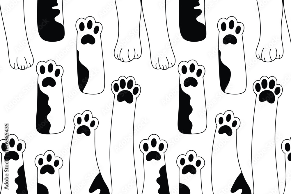 Poster a seamless pattern of cartoon cat paws with black spots on a white background in a simple line drawi