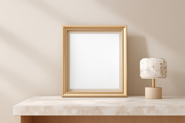 Gold frame mockup placed on a marble console table with a designer lamp