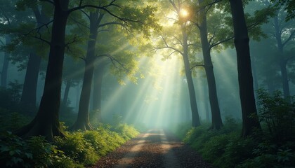 Obraz premium Serene Forest Path with Sunlight Breaking Through Trees